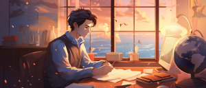 student writing an essay following a guide