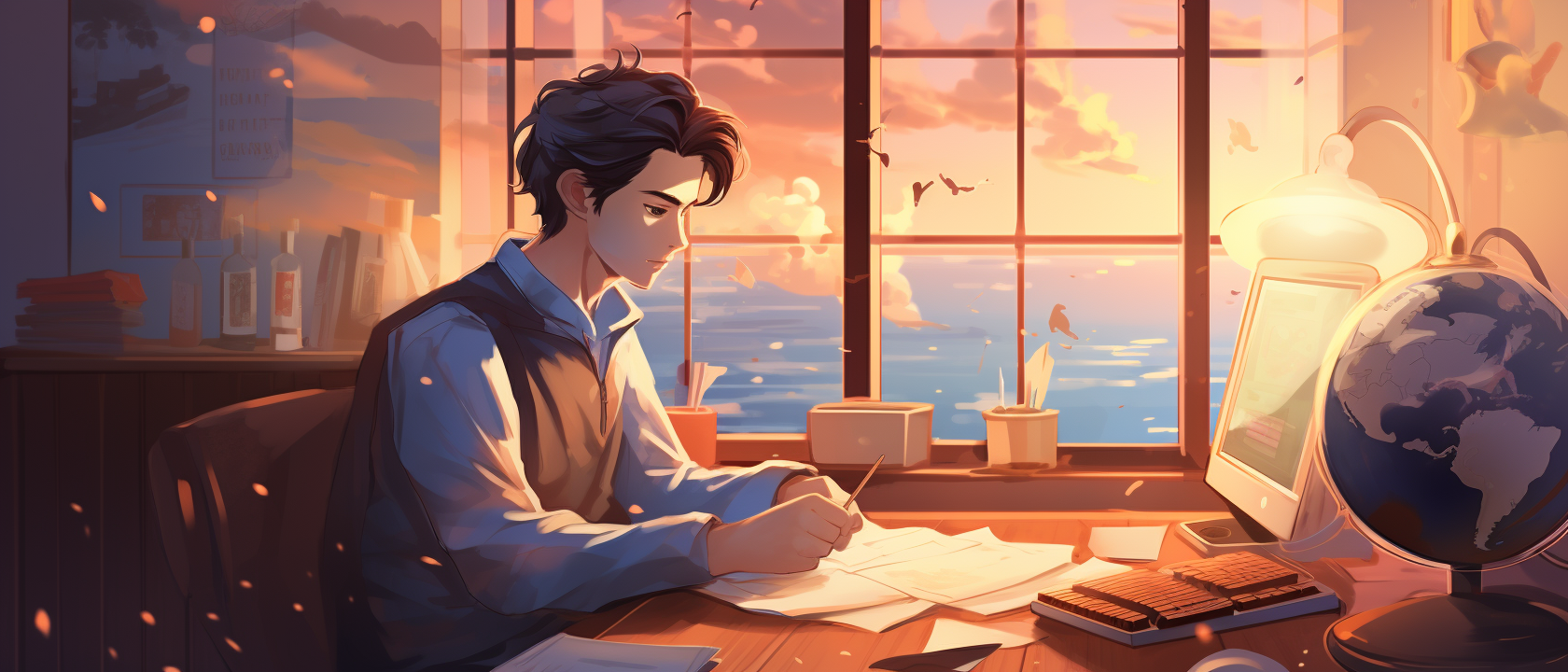 student writing an essay following a guide