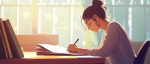 student writing an essay about herself