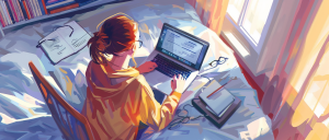 student in her bedroom working on her laptop